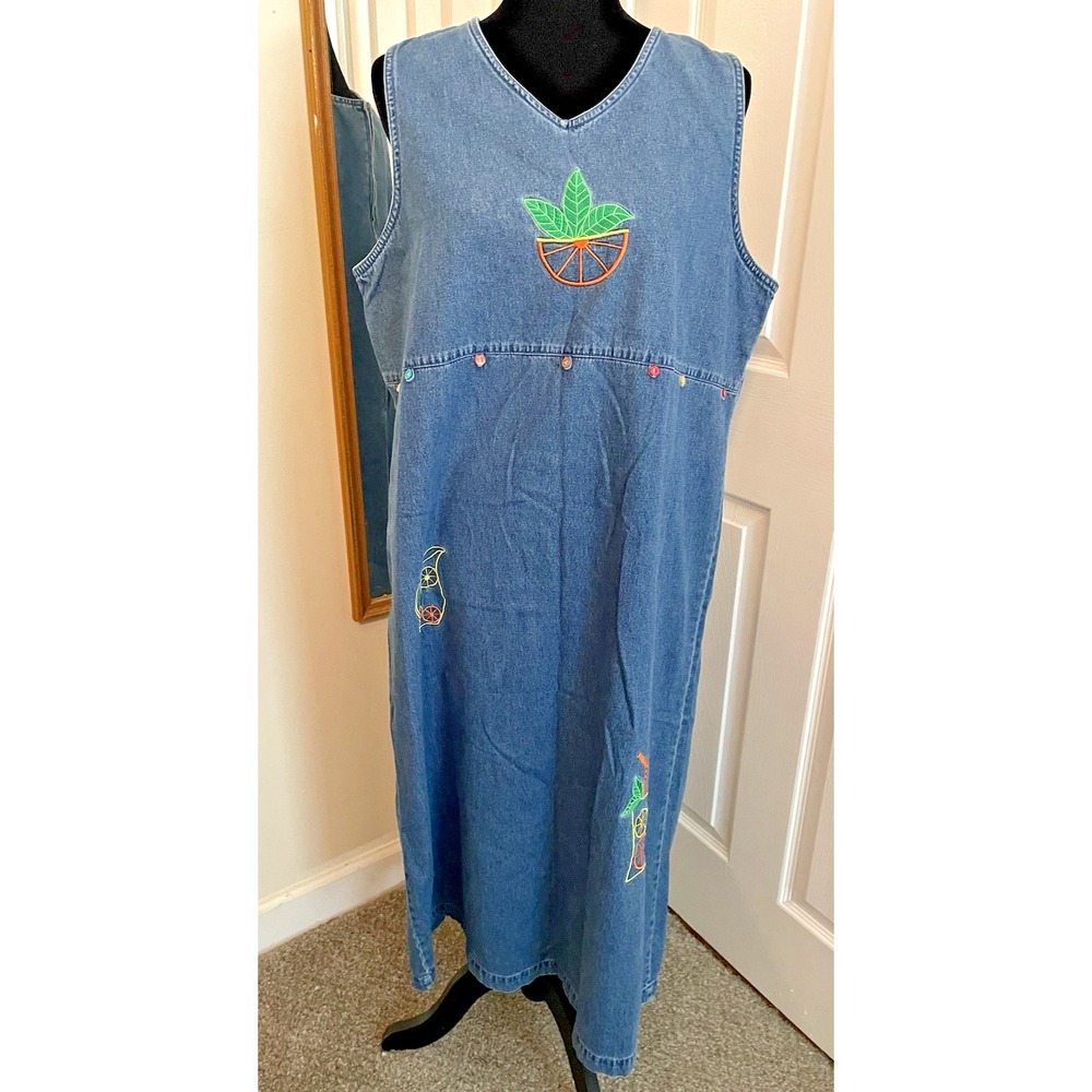 Blue J‎ denim dress jumper xl embroidered Lemonade long slit zipper cottagecore